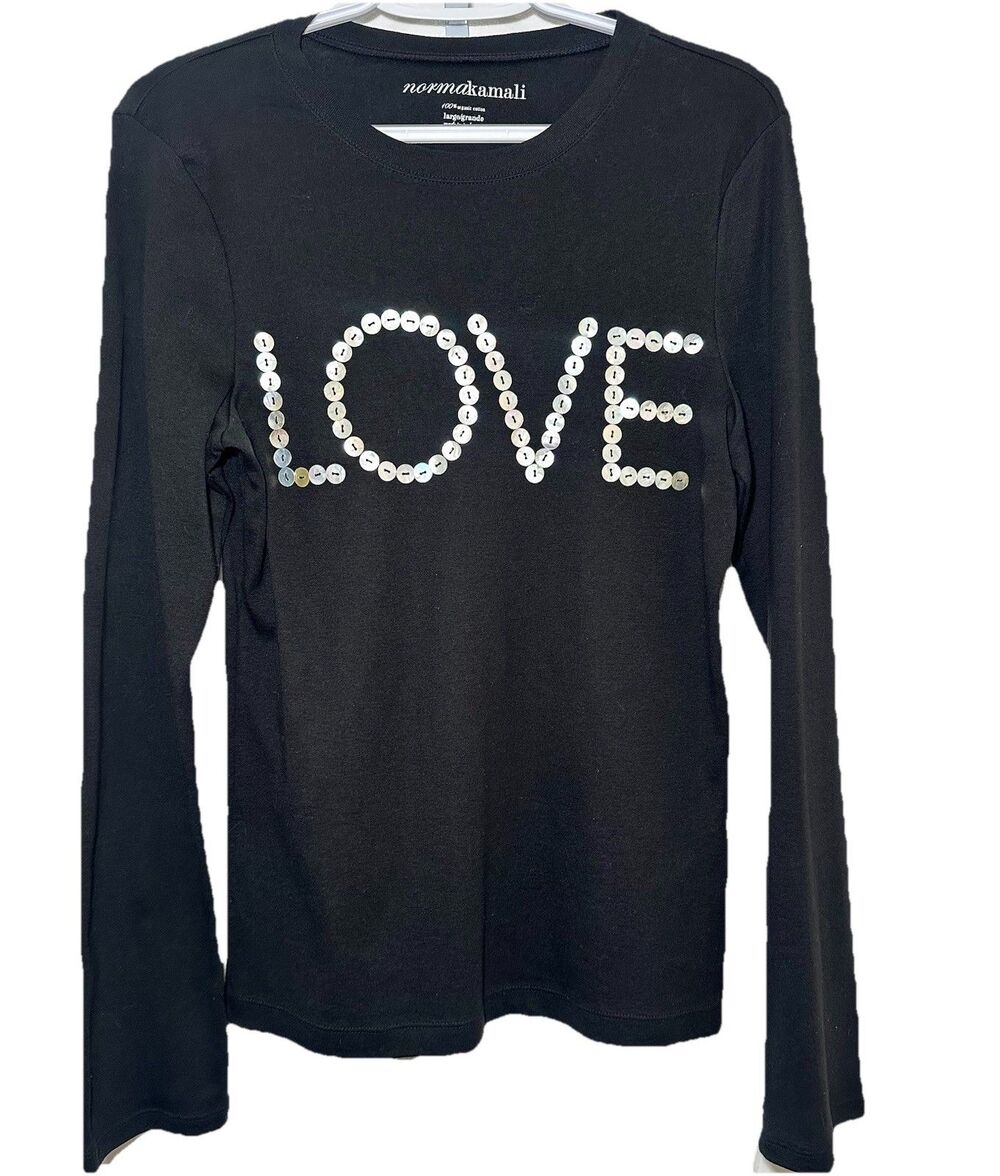 NWT Norma Kamali LOVE Button Graphic Long Sleeve Tee Black Large Embellished